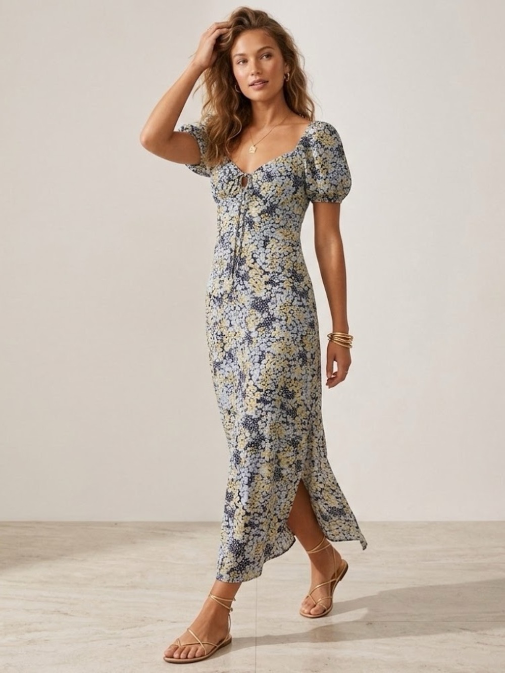 & MERCI Floral Puff Sleeve Maxi Dress in Blue and‎ Yellow - M